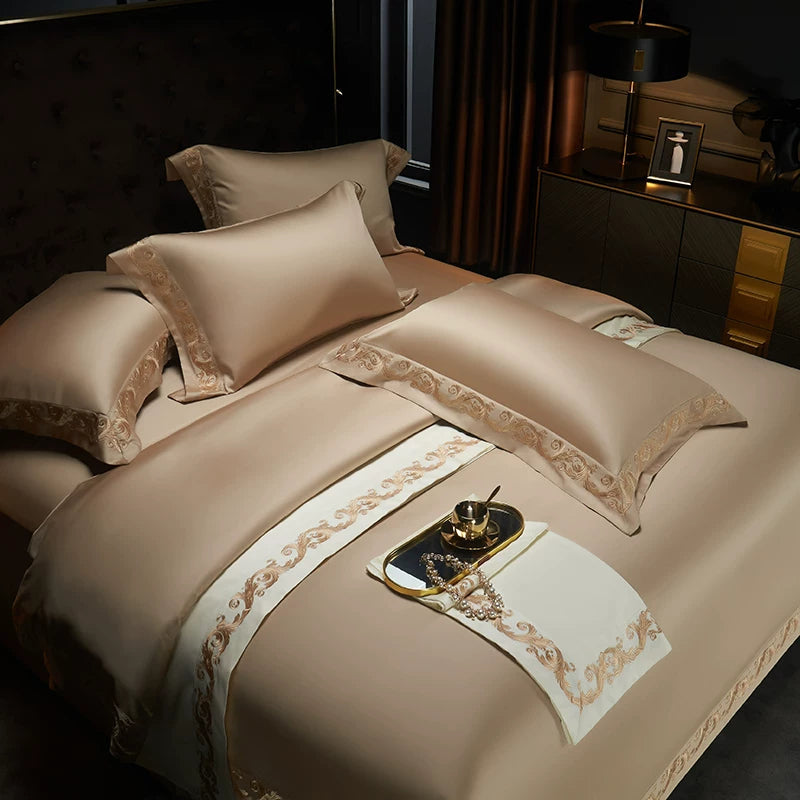 Anahi Embroidered Motif Border Egyptian Cotton Bedding Set | 3CARATS