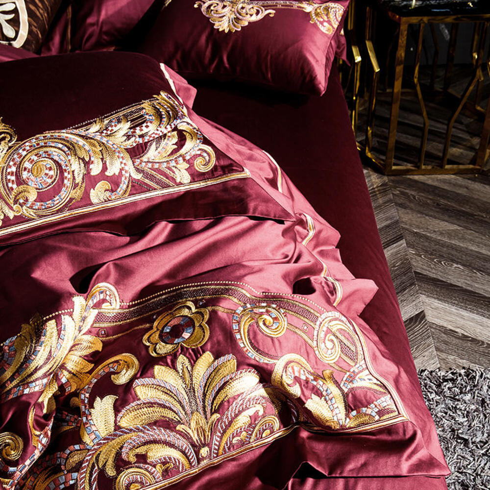 Lezkira Burgundy Red Embroidery Luxury Egyptian Cotton Duvet Cover | 3CARATS