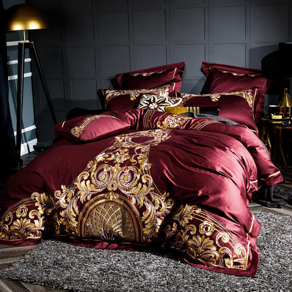 Lezkira Burgundy Red Embroidery Luxury Egyptian Cotton Duvet Cover | 3CARATS