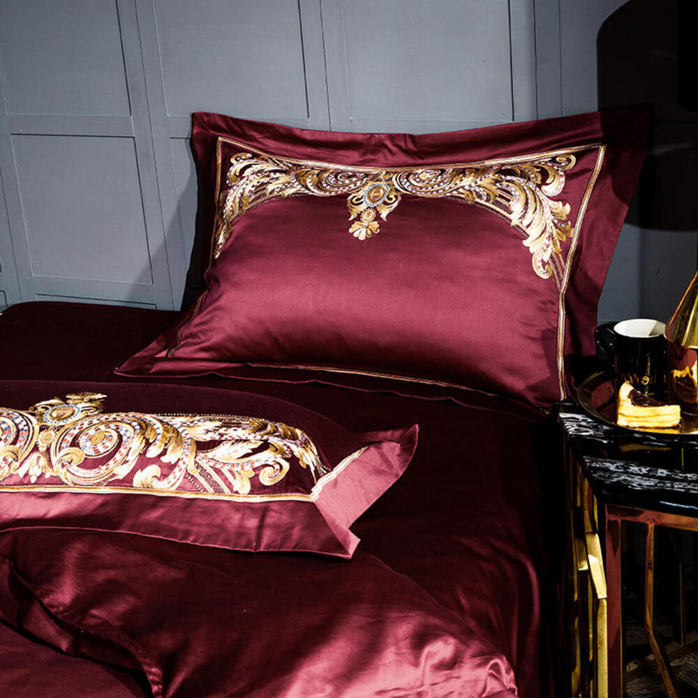 Lezkira Burgundy Red Embroidery Luxury Egyptian Cotton Duvet Cover | 3CARATS