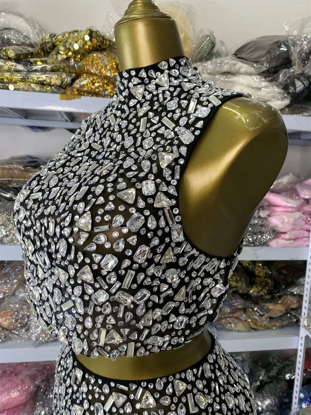 Vintage-Inspired Sparkly Rhinestones Two-Piece Backless Top And Mini Skirt Set