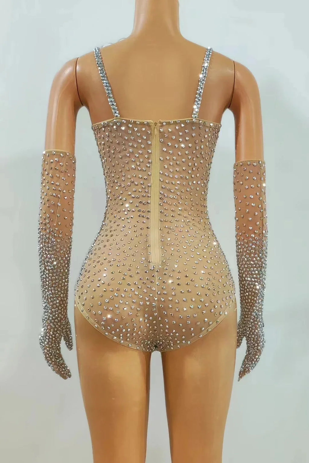 Silver Rhinestone Mesh Showgirl Bodysuit with Matching Crystal Gloves – Glamour Stage Performance Costume Set