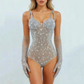 Silver Rhinestone Mesh Showgirl Bodysuit with Matching Crystal Gloves – Glamour Stage Performance Costume Set