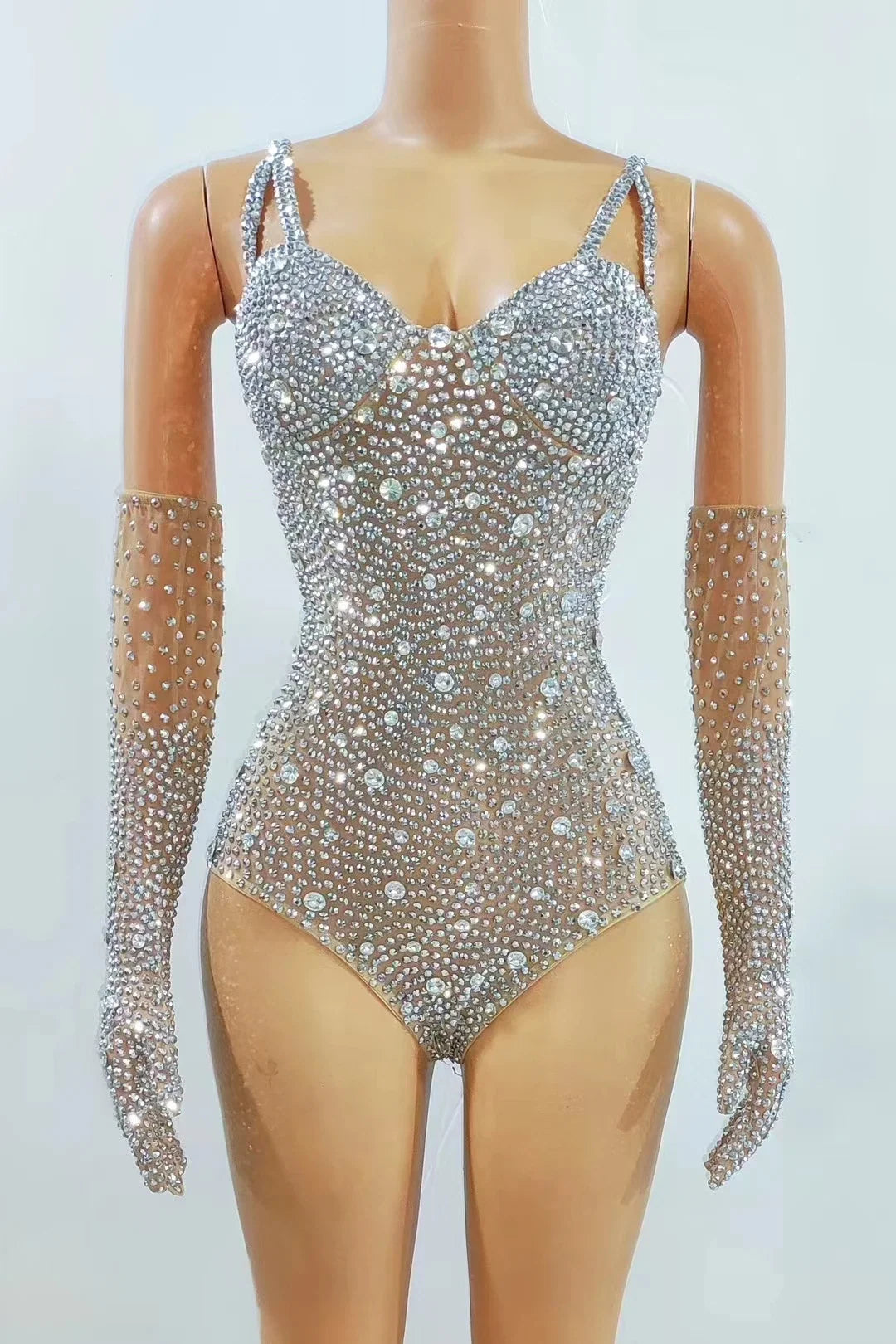 Silver Rhinestone Mesh Showgirl Bodysuit with Matching Crystal Gloves – Glamour Stage Performance Costume Set