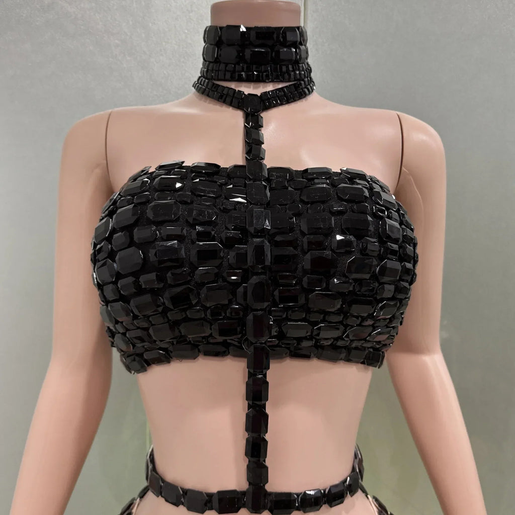 Vintage-Inspired Sparkly Rhinestones Two-Piece Backless Top And Mini Skirt Set
