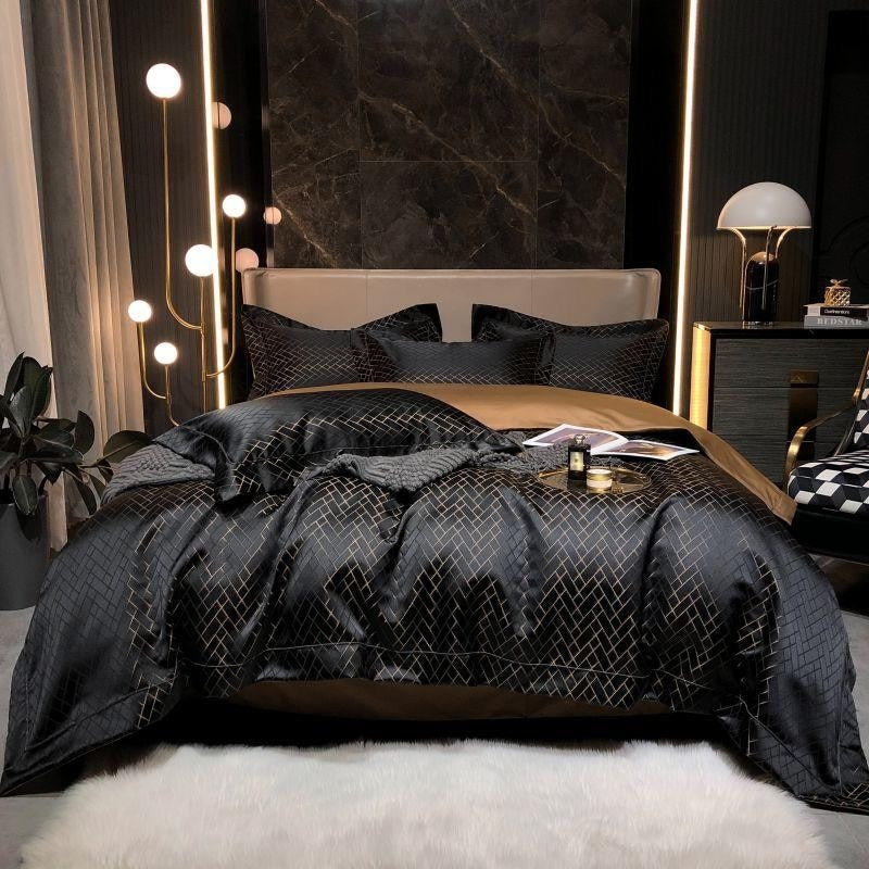 Talia Black Gold Cotton Satin Bedding Set | 3CARATS