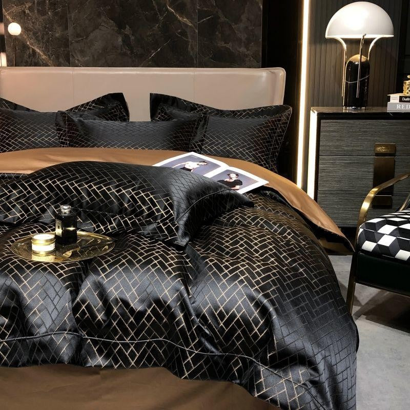 Talia Black Gold Cotton Satin Bedding Set | 3CARATS
