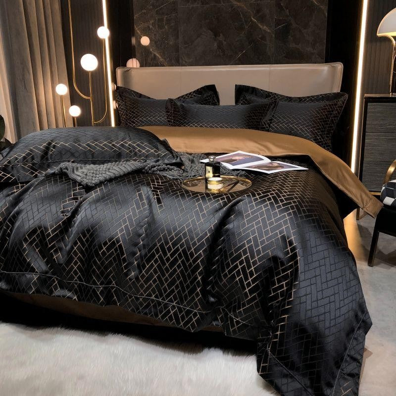 Talia Black Gold Cotton Satin Bedding Set | 3CARATS